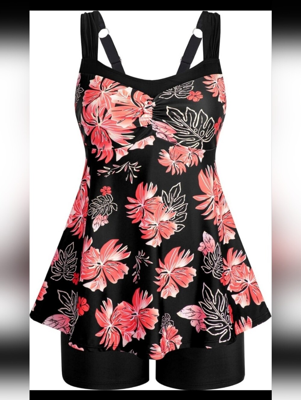 Plus Size 2pc Swimsuit:Black Floral Tankini Top with Coral Pink Blooms NWT